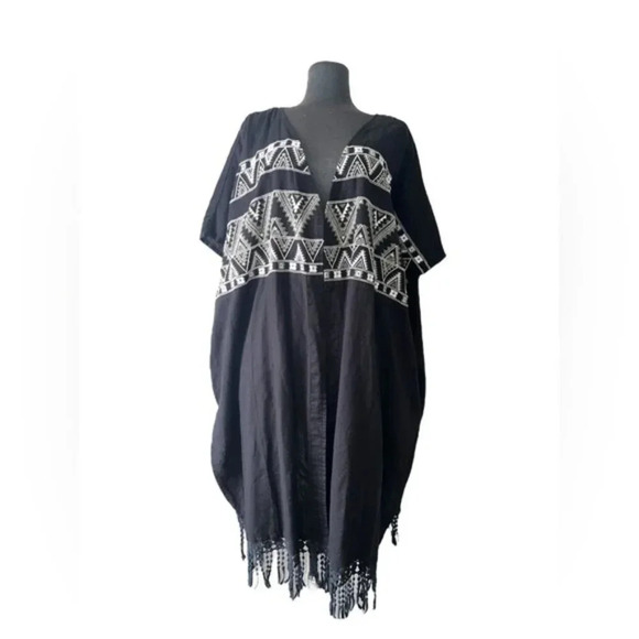 World Market Black Aztec Embroidered Fringe Open Front Cardigan Free Size - Picture 1 of 8